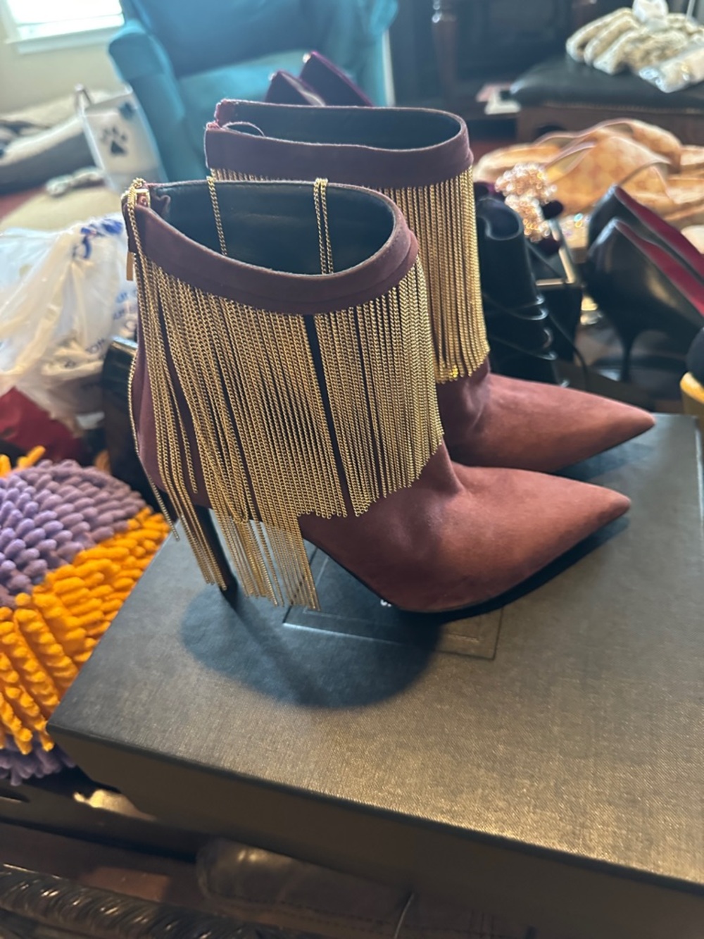 Balmain Burgundy Fringe Chain Ankle Boots